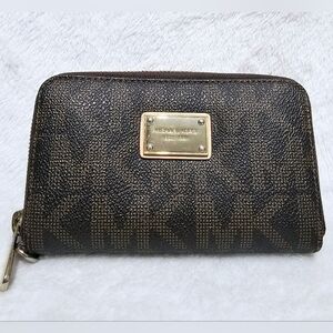 Michael Kors MK Signature Zip Around Wallet Brown - Missing Wristlet & Some Wear